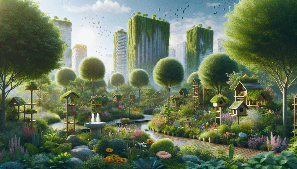 A serene and lush community garden designed as a climate haven for birds during heatwaves. The scene is set in a vibrant urban area, where small trees and large, leafy plants create abundant shade. Several birdhouses and feeders are artfully integrated into the landscape, designed with eco-friendly and sustainable materials. A gentle fountain offers fresh water, surrounded by colorful flowers attracting a variety of small birds. The garden is alive with movement and sound, capturing the essence of a safe sanctuary. In the background, multi-story buildings with green roofs can be seen, demonstrating urban involvement in environmental conservation efforts. The sunlight filters softly through the leaves, creating dappled patterns on the ground, emphasizing the cool and inviting atmosphere of this carefully crafted ecotopia.