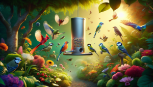 Imagine a vibrant, lush garden at dawn, the soft morning light casting a golden glow over dewdrops on leaves. In the foreground, a state-of-the-art bird feeder with a sleek, modern design stands prominently, equipped with a small, discrete camera. The feeder is surrounded by an array of colorful birds of various species – a cardinal, a blue jay, a goldfinch, and a chickadee, their vivid plumage contrasting beautifully with the natural setting. Capture each bird in mid-motion as they flutter around, pecking at seeds, with one bird perched directly in front of the camera lens, curiously peering at it. A playful squirrel can be seen in the background, eyeing the scene from a distance. This image exudes a sense of wonder and innovation, showcasing the seamless blend of technology and nature.