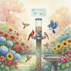 A vibrant, idyllic backyard at dawn with lush greenery and colorful flowering plants surrounding a modern, sleek smart bird feeder mounted on a decorative wooden post. The smart feeder features a transparent cylindrical container filled with various seeds, with integrated LED indicator lights glowing softly. Nearby, a diverse group of birds—including bright cardinals, cheerful blue jays, and tiny finches—gather and perch comfortably, some mid-flight approaching the feeder. The scene captures a sense of harmony between nature and technology, with subtle digital interface elements like a floating app icon or holographic display showcasing real-time bird activity. Soft, warm sunlight illuminates the scene, highlighting the lively atmosphere and the seamless blend of natural beauty with smart tech innovation. Watercolor painting style with soft washes and paper texture.
