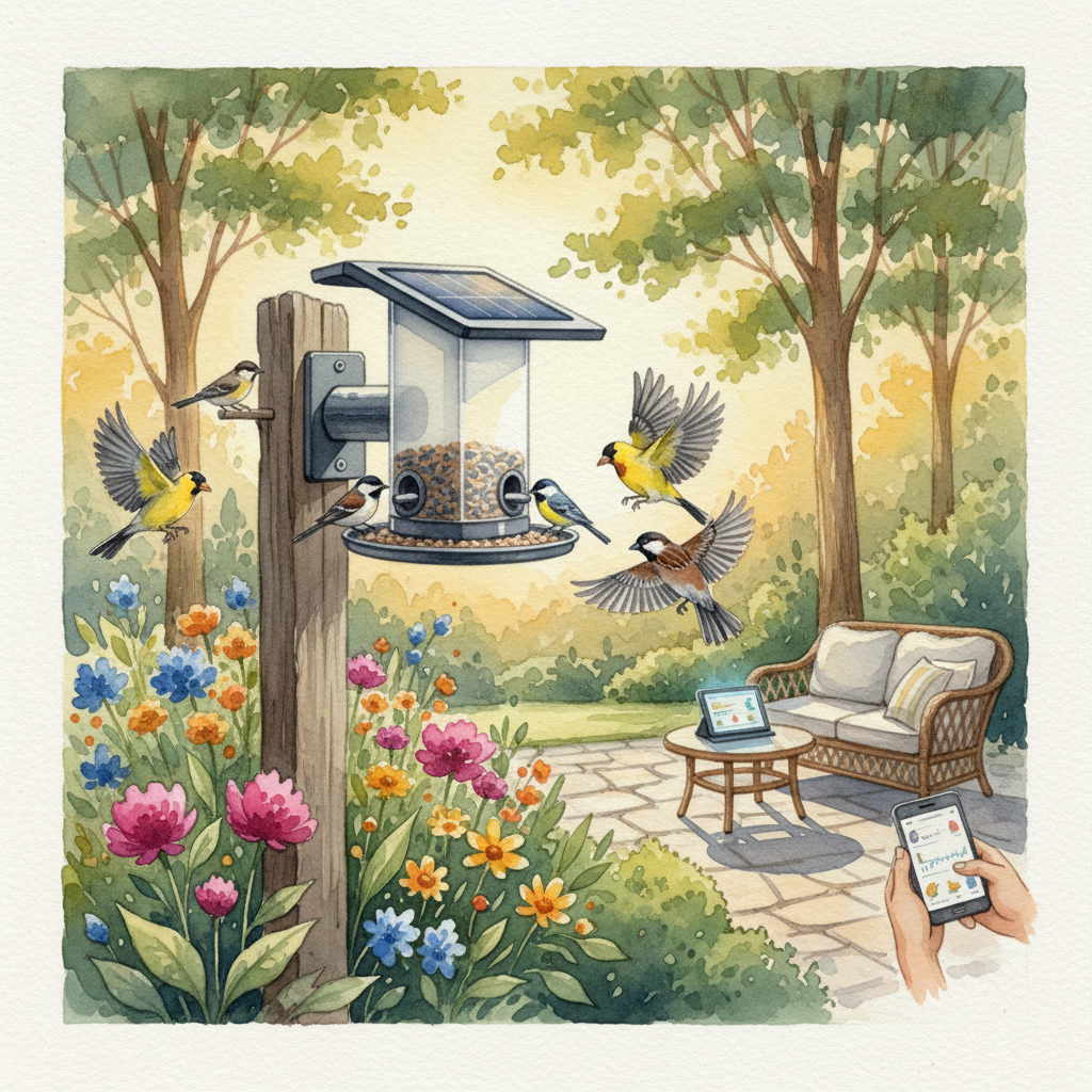 A vibrant, inviting backyard scene during golden hour featuring a sleek, modern smart bird feeder mounted on a rustic wooden post. The feeder is sleek and contemporary, made of transparent and matte materials, with integrated solar panels on top. Brightly colored songbirds—like chickadees, finches, and sparrows—are actively feeding, some perched on the feeder’s multiple feeding ports, others fluttering nearby. Surrounding the feeder are lush, well-maintained garden beds with blooming flowers, lush green bushes, and a variety of trees providing shade and habitat. In the background, a cozy patio with outdoor furniture and subtle hints of technology, like a smartphone or tablet displaying bird activity, emphasizing the smart features. The scene exudes harmony between nature and smart technology, highlighting innovative backyard transformation. Watercolor painting style with soft washes and paper texture.