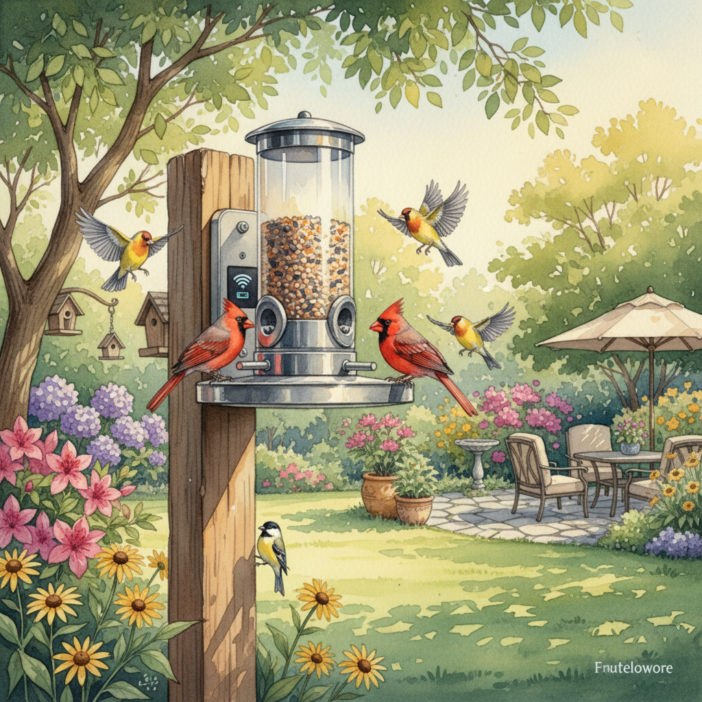 A vibrant, sunlit backyard scene featuring a sleek, modern smart bird feeder mounted on a sturdy wooden post amidst lush green trees and colorful flowering bushes. The bird feeder has a transparent reservoir filled with seeds, illuminated by soft dappled sunlight filtering through the leaves. Several cheerful birds—such as cardinals, finches, and chickadees—are actively feeding and perching, while a small digital interface or Wi-Fi icon subtly hints at the smart technology. In the background, a well-maintained lawn, decorative garden elements, and a cozy patio area create a welcoming, eco-friendly atmosphere that showcases the transformation of the outdoor space through modern, intelligent bird feeding solutions. Watercolor painting style with soft washes and paper texture.